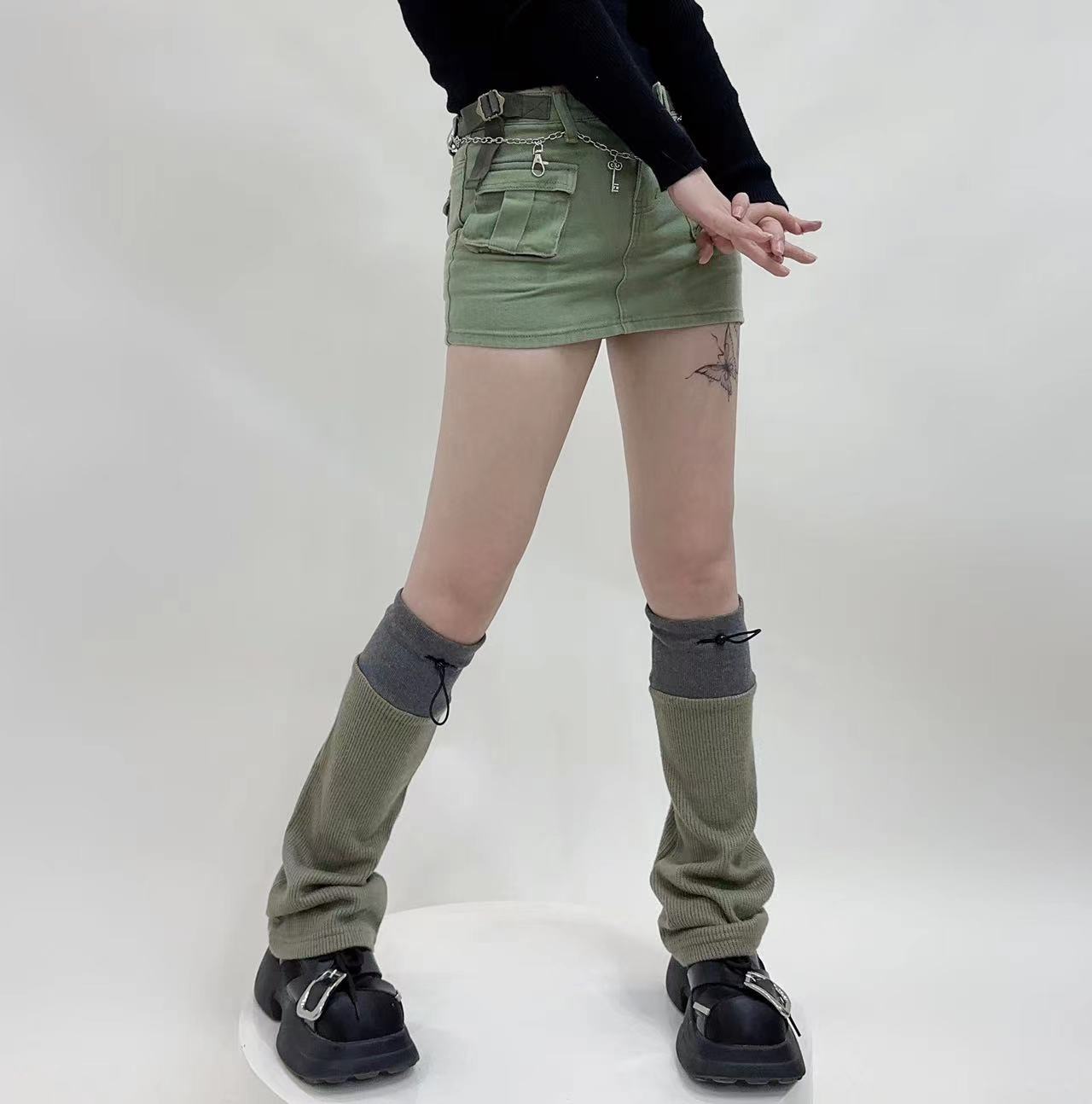 Autumn and winter hot girl functional wind splicing contrasting color drawstring adjustable leg covers cotton versatile micro-horn socks for women