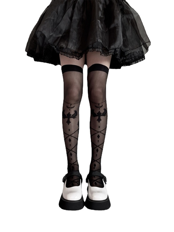 Lolita Cross Bow Thin Jacquard Thigh Socks Lolita Over the Knee Socks Gothic Lolita Stockings