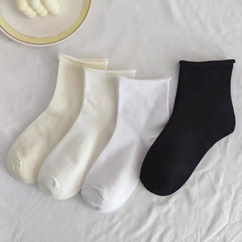 Pile socks white ins style Japanese style thin medium tube sweet simple trendy versatile socks spring and summer solid color curling