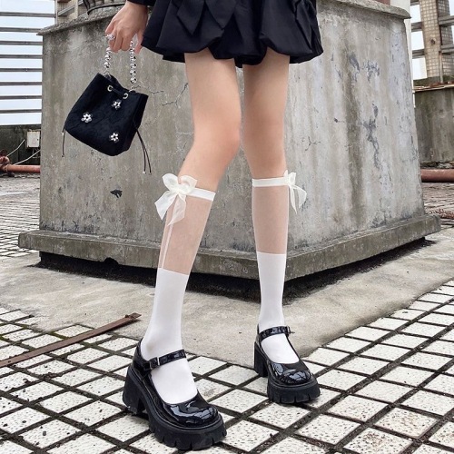 White jk lace socks spliced ​​mid-calf socks for women spring and summer thin white stockings bow lolita calf socks