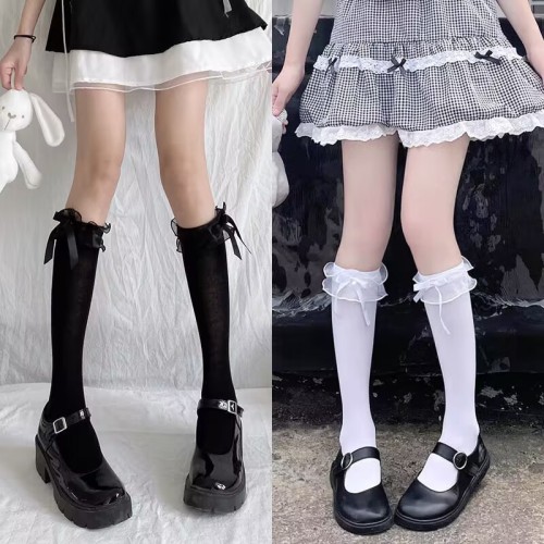 Lolita lace girl socks autumn and winter new solid color bow fairy style lace mid-calf socks calf socks