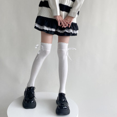 Pure lust-style white ribbon bow high socks for women, cute girly style strappy bow over-the-knee socks, cotton stockings