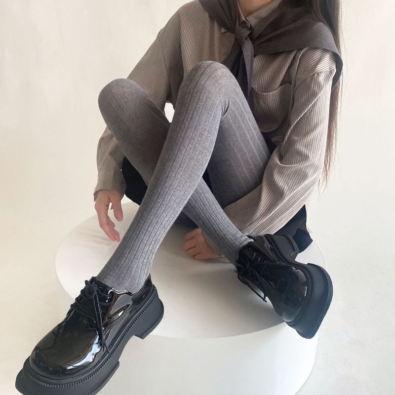 Autumn and winter new European goods wide strips thin solid color vertical pattern simple and versatile leggings Dongdaemun INS Internet celebrity stockings