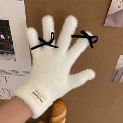 Millennium y2k subculture hot girl winter new product flocked bow rex ​​rabbit fur touch screen warm letter logo gloves