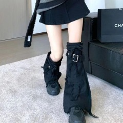 Subculture Millennial Hot Girl Denim Leg Covers Beautiful Leg Shaping Design Embroidered Cross Adjustable Strap Boot Socks