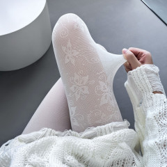 New original irregular flower pantyhose, sweet girly millennium retro milky white asymmetric jacquard stockings