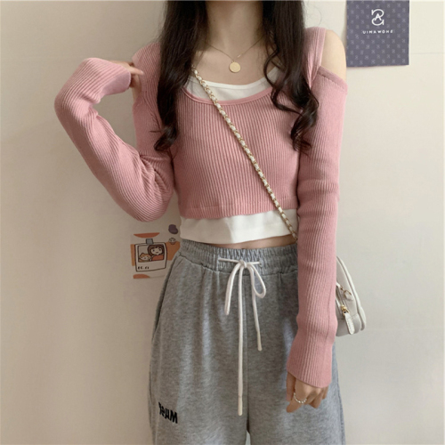 Autumn 2024 New Short-Sleeve Knit Top with High-Low Hem for Women