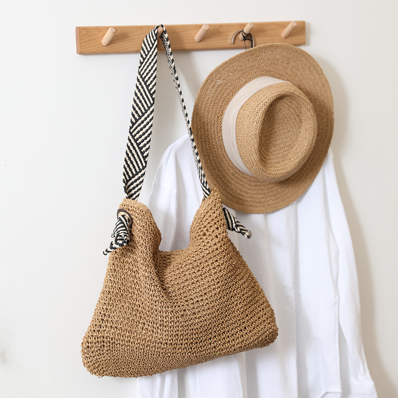Korean style ins navy wind straw woven bag 2024 new handmade shoulder woven bag women's bag versatile vacation beach bag