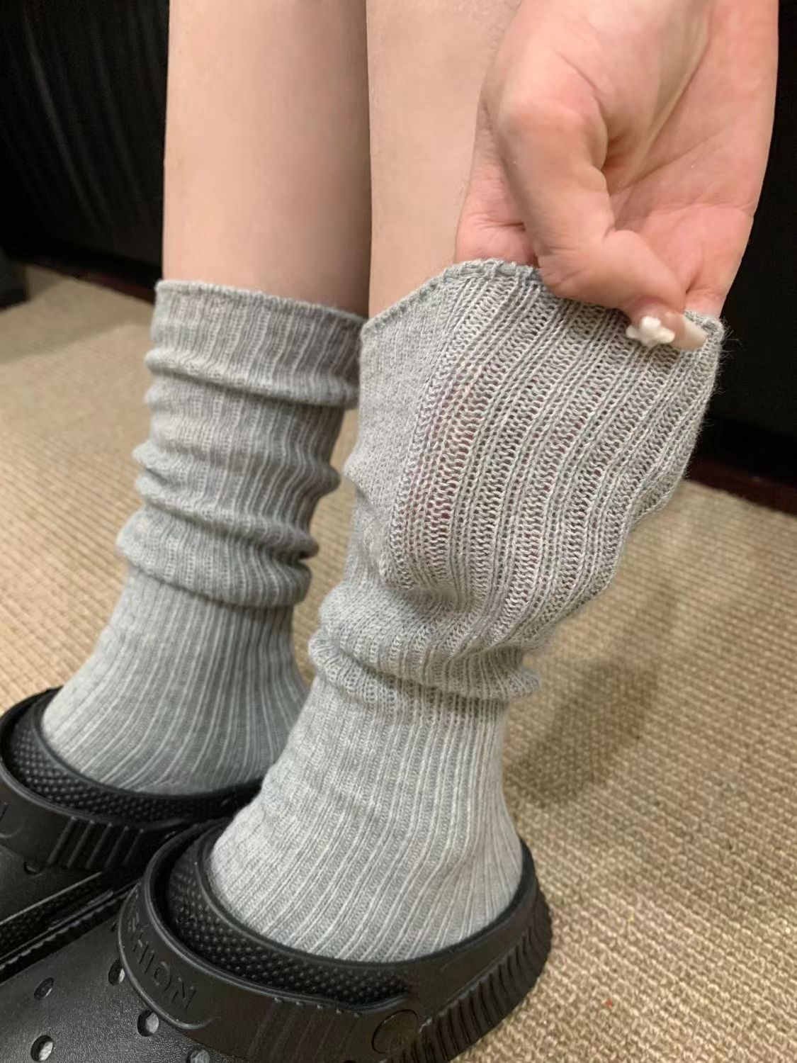 Socks for women, solid color knitted long stockings, forest style ins, black and white, gray, lazy style, versatile summer stockings for outerwear
