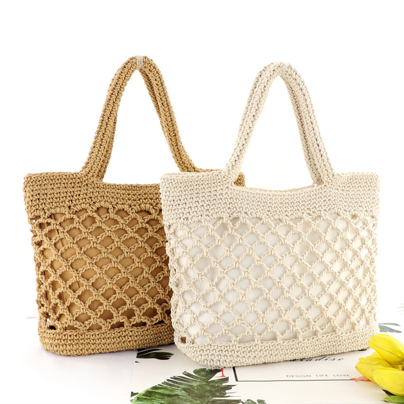 New cotton rope chain buckle shoulder woven straw bag casual women's bag beach bag woven bag