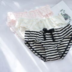 Fresh yarn-dyed striped cloud soft and comfortable cotton lace bow simple and sweet mid-waist hip-covering underwear