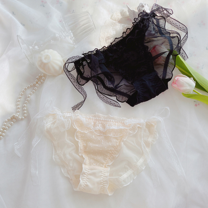 Lace-up panties, feminine Japanese sweet lace mesh solid color two-dimensional college style girl briefs