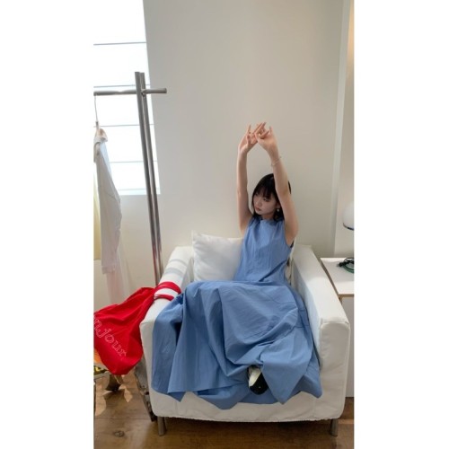 French vacation style blue vest dress women's summer new design waist cinch slimming a-line long dress 