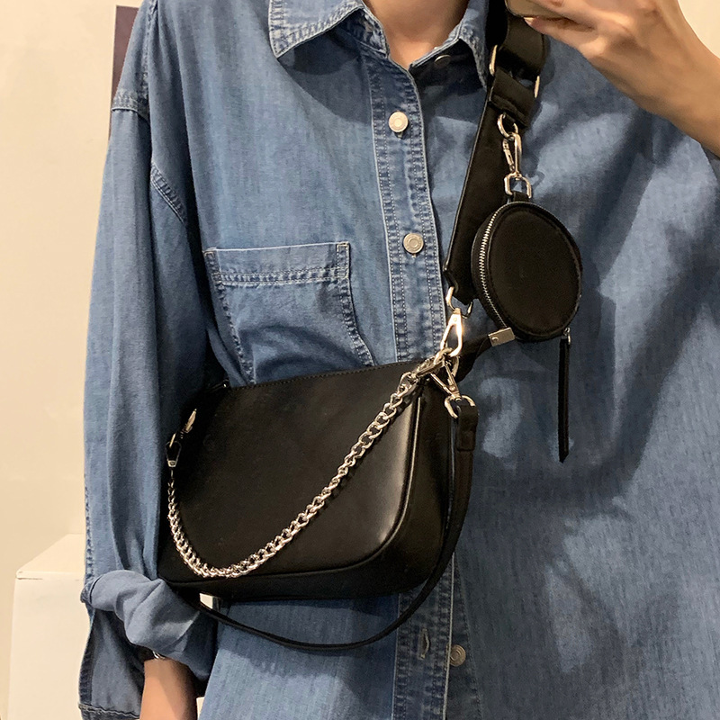 New bag wideband shoulder bag chain small bag crossbody retro versatile Korean version ins Hong Kong style women's bag trend