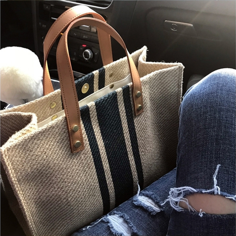 Korean style women's portable briefcase professional commuting striped simple shoulder large bag ins large capacity canvas bag
