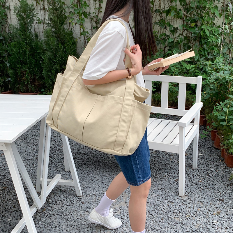 Korean style casual solid color Internet celebrity trendy cloth bag, simple, fashionable, large capacity and versatile women's shoulder canvas bag