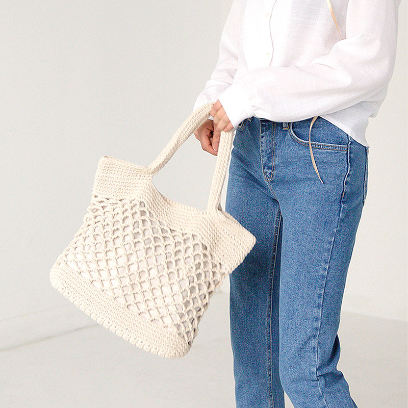 New cotton mesh bag cotton rope chain buckle hand woven straw bag casual women's bag beach bag woven bag