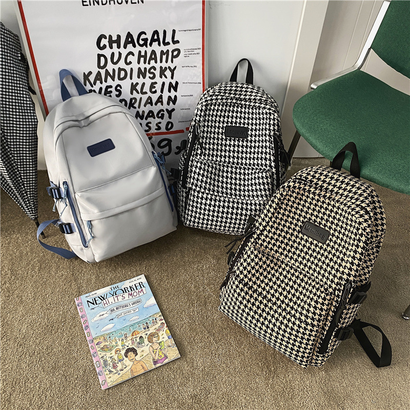 Korean ins knitted houndstooth backpack Japanese girl travel backpack literary style plaid student schoolbag female