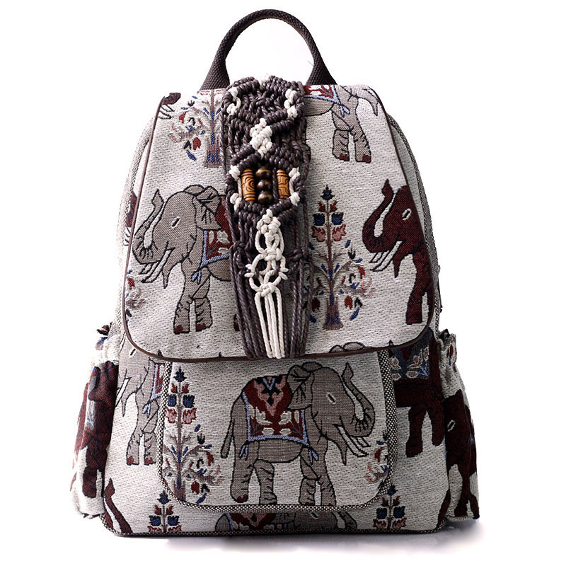 Women's Backpack Canvas Bag Handwoven Elephant Print Backpack New Year's New Versatile Travel Backpack