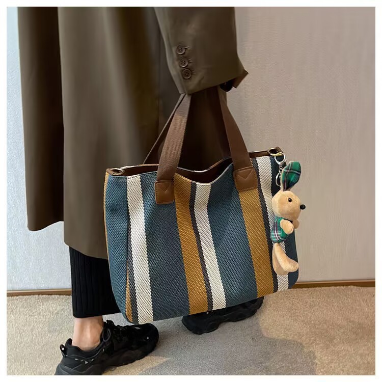 2024 new trendy shoulder bag large capacity multi-layer canvas casual handbag outdoor knitted fashion tote bag