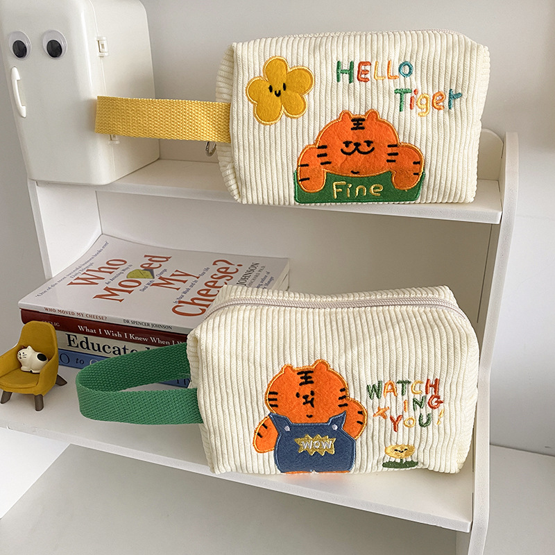 New Little Tiger Embroidery Versatile Hand Bag Women's Corduroy Storage Bag