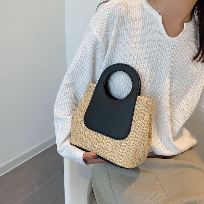 2024 Summer Retro Contrast Color Splicing Straw Bag Large Capacity Hand Woven Bag Simple Fashion Shoulder Handbag