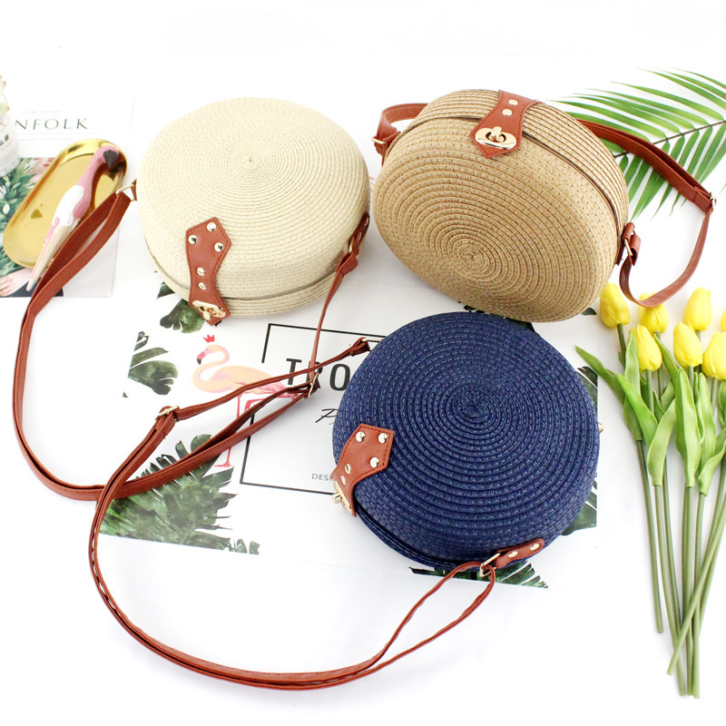 New round pp straw casual woven women's bag retro casual crossbody straw bag beach bag