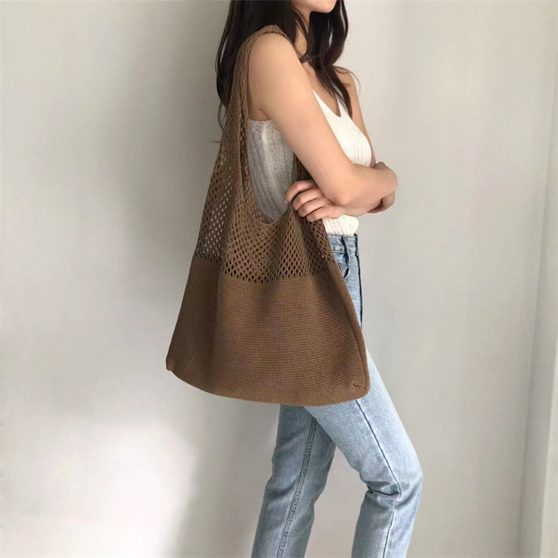 New Korean ins knitted bag solid color hollow shoulder bag handbag large capacity tote bag women's trendy