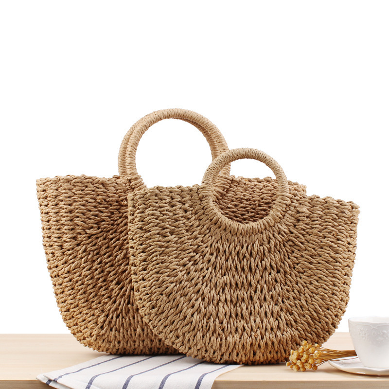 Forest style simple hand-carrying straw bag solid color casual handwoven bag summer beach photo large size