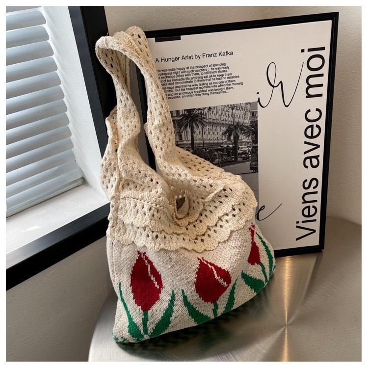 New flower bag, tulip bag, retro knitted bag, cross-border bag, handbag, shoulder bag, wool bag for women