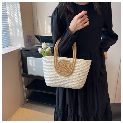 2024 new woven bag, simple rounded straw handbag, crossbody holiday cotton rope commuting tote bag for women