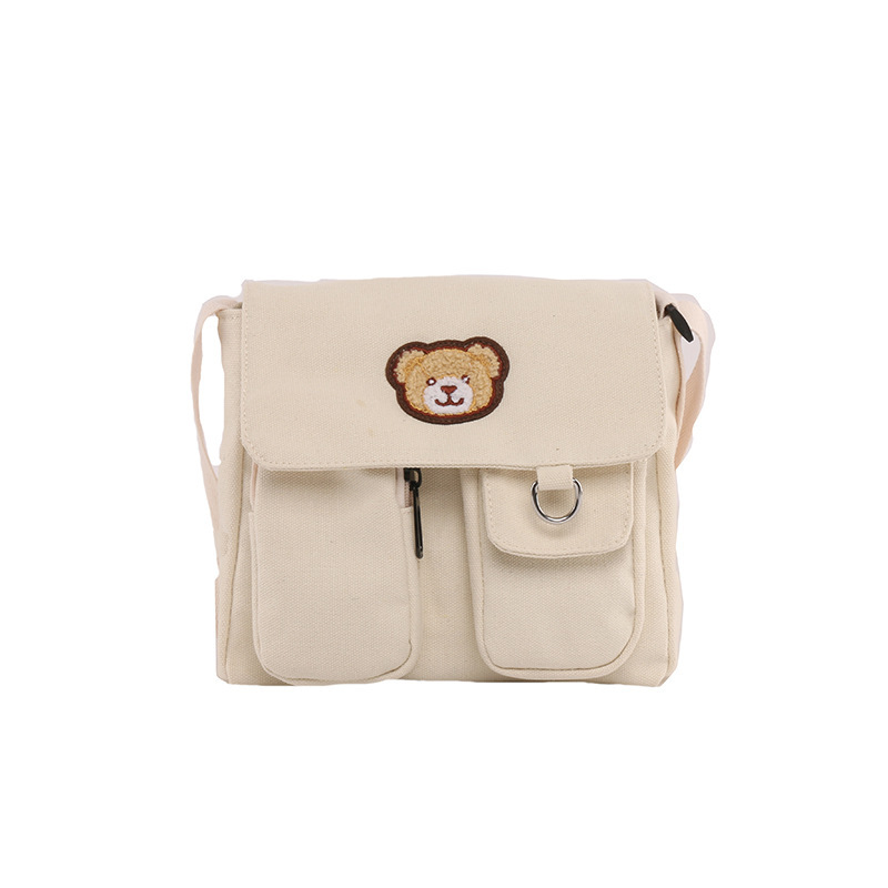 Korean INS vintage sense cute bear student canvas shoulder bag Japanese college style chic girl crossbody bag
