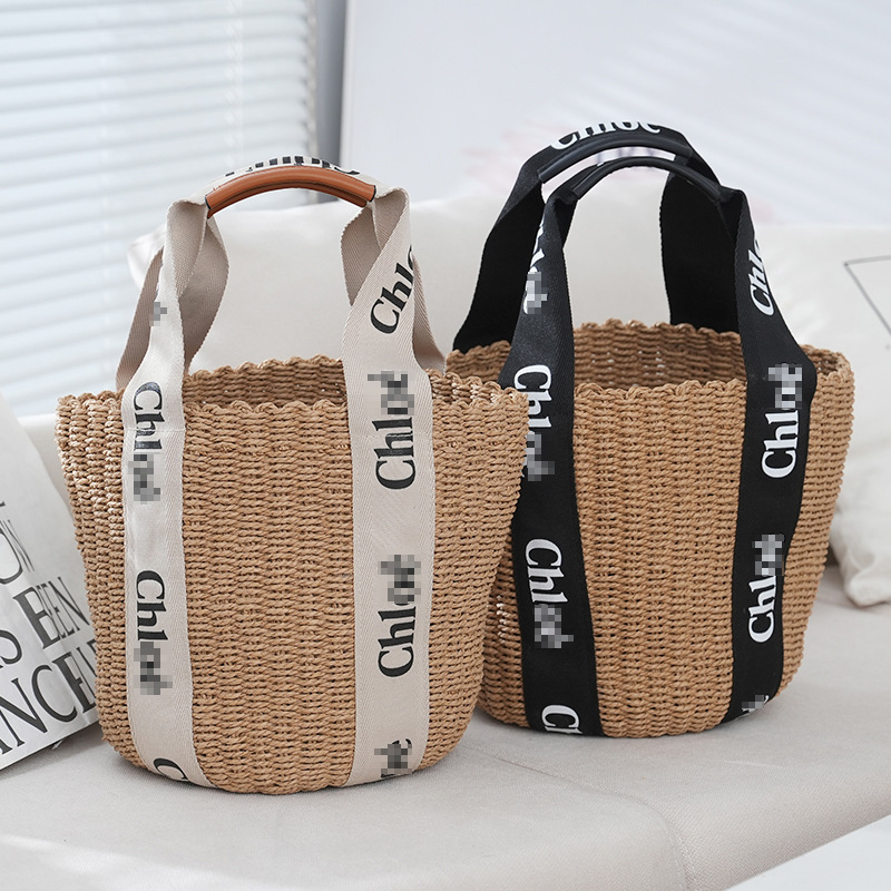 Simple and elegant women's bucket bag creative letter web shoulder bag large capacity commuter tote bag straw bag