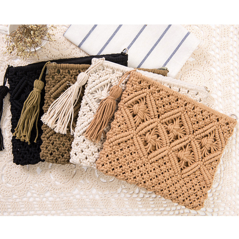Simple tassel hand-held woven bag, retro hand-held woven bag, summer vacation travel beach bag