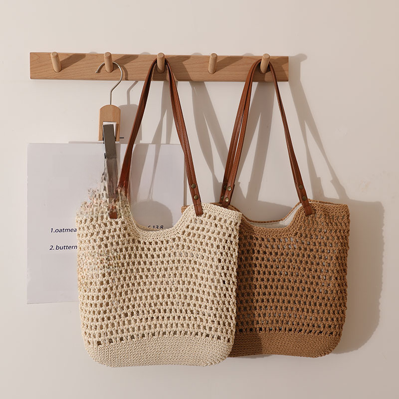 Casual hollow single shoulder cotton woven bag small lazy style portable straw bag seaside vacation beach bag women's bag