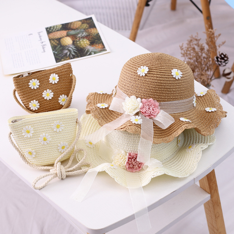 Girls straw hat summer new straw ribbon flower sun hat fisherman hat parent-child sun protection hat bag set