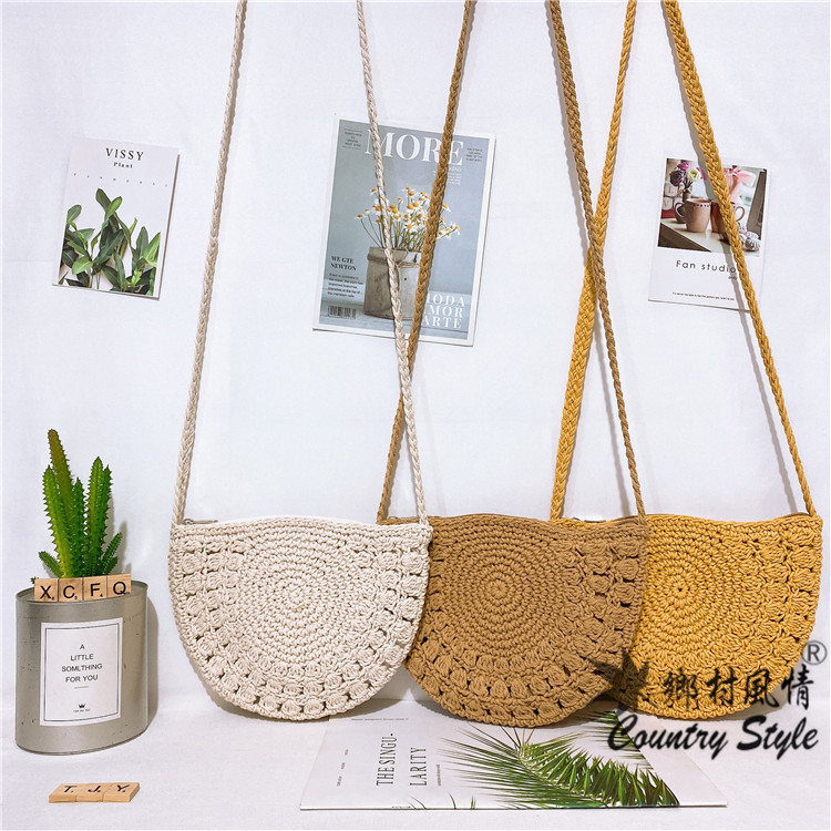 Small semi-circle cotton crossbody bag wool bag semi-circle bag woven forest style small fresh hollow bag for women