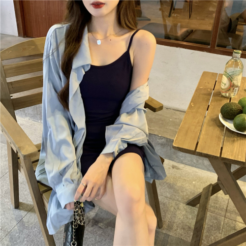 Real shot of sexy knitted hip-covering suspender skirt + high-end versatile long-sleeved shirt for women