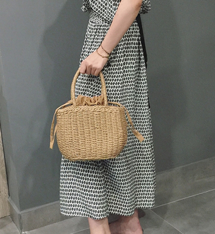 New drawstring straw bag solid color portable straw bag thick paper rope hand-woven bag