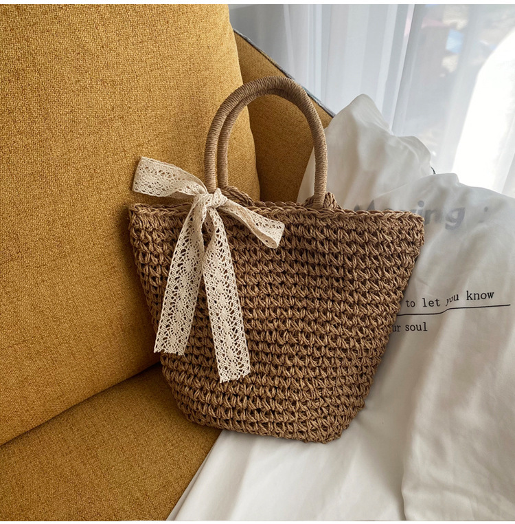 French style artistic portable straw bag for women summer large capacity bow hollow single shoulder seaside vacation bag for women