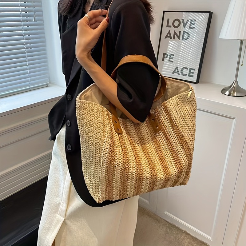 Women's classic straw bag summer beach shoulder bag woven straw bag tote bag leather shoulder strap hand-woven bag