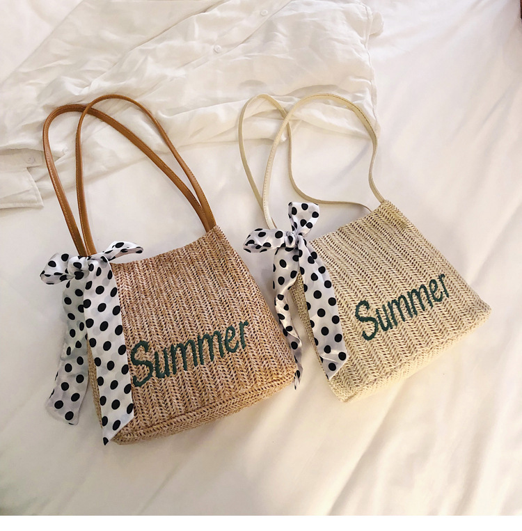Summer new style silk scarf decorated bucket straw bag Korean style fashionable woven women's bag handbag shoulder bag