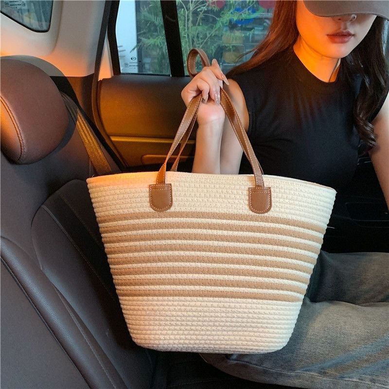 Cotton rope woven striped large-capacity handbag autumn and winter tote bag for work and commuting daily ladies bag shoulder bag