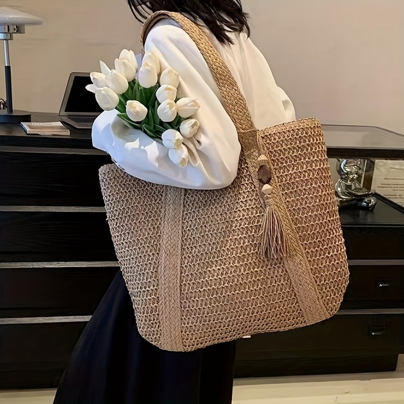 Women's classic straw bag summer beach shoulder bag woven straw bag tote bag leather shoulder strap hand-woven bag