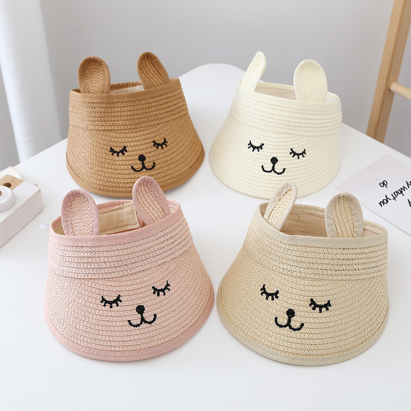 Children's empty top hat, baby summer sunshade big brim hat, hand-knitted straw hat for boys and girls, cute expression topless hat