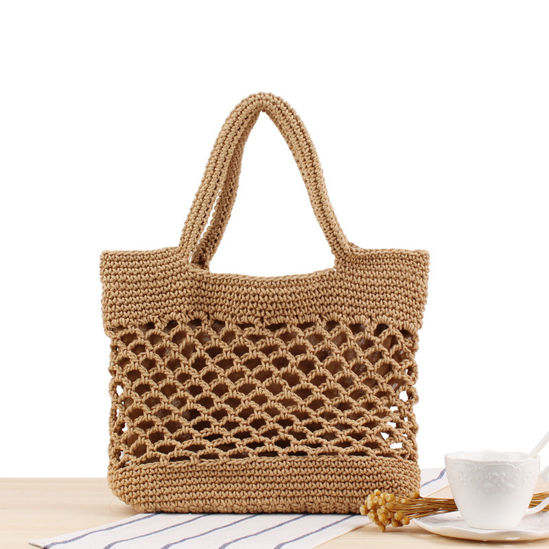 ins new solid color cotton hand crocheted bag trendy female forest style portable holiday beach woven bag