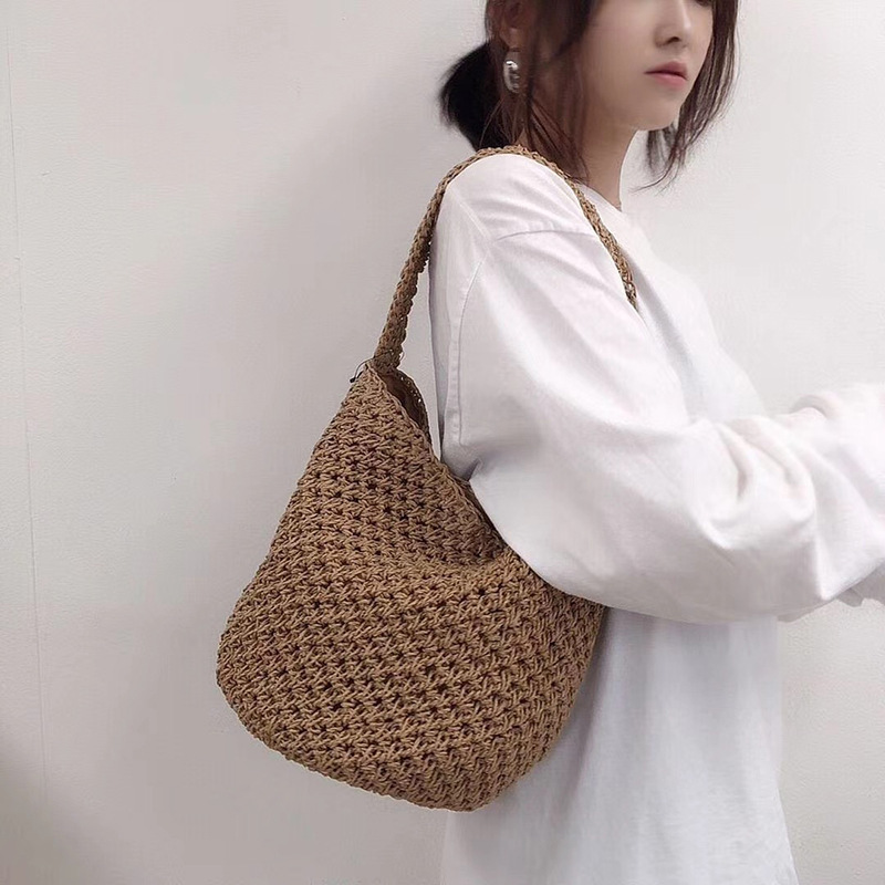 Korean style hand-woven bag, fashionable straw bag, woven bag, bucket bag, seaside vacation beach bag