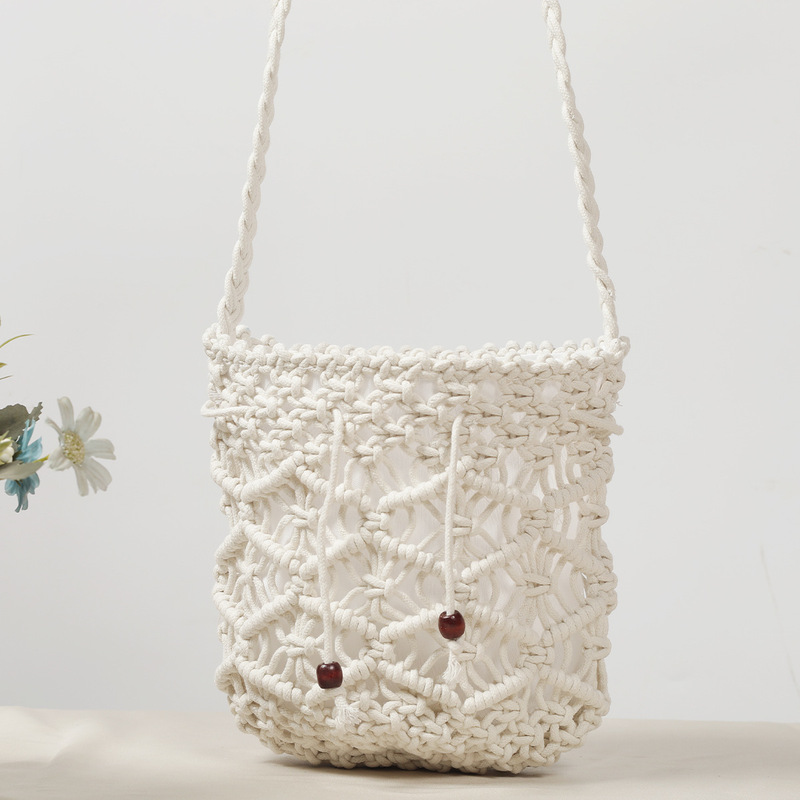 Mori girl style literary style fresh handmade cotton bucket bag woven bag retro one-shoulder crossbody bag straw woven women's bag