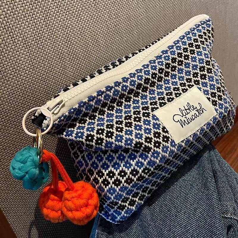 Summer New Cherry Pendant Bag Cosmetic Bag Retro Handmade Wool Woven Geometric Portable Large Capacity Clutch Bag