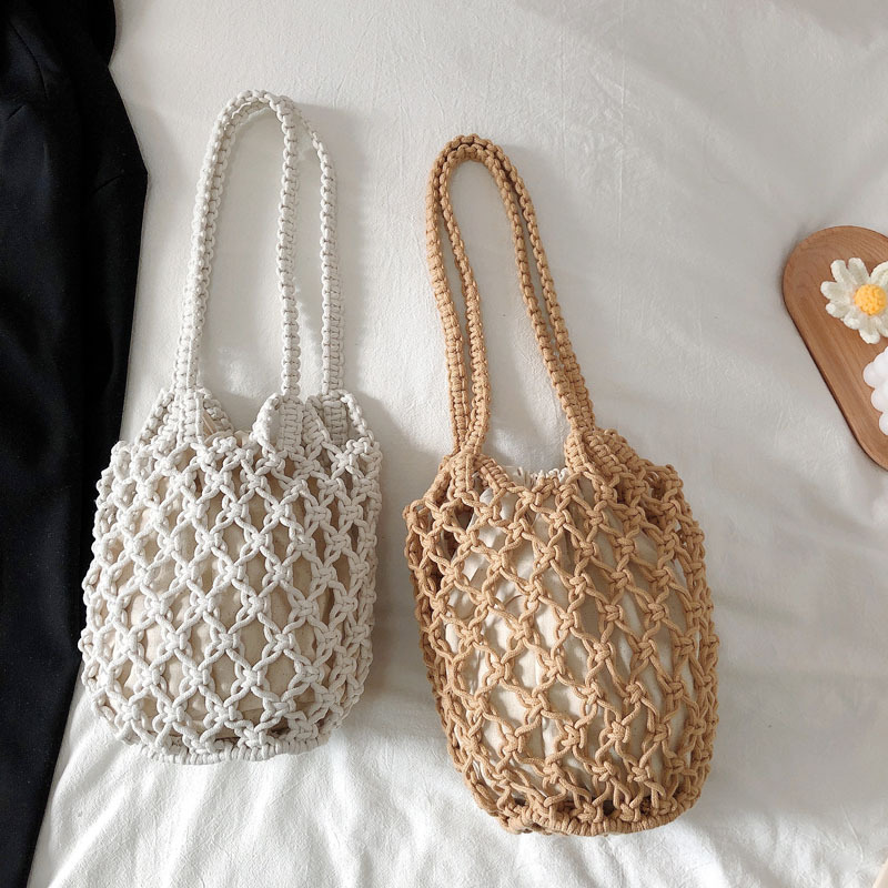 New summer style seaside beach handbag cotton rope hollow bag mesh shoulder bag cotton thread crochet fishnet bag